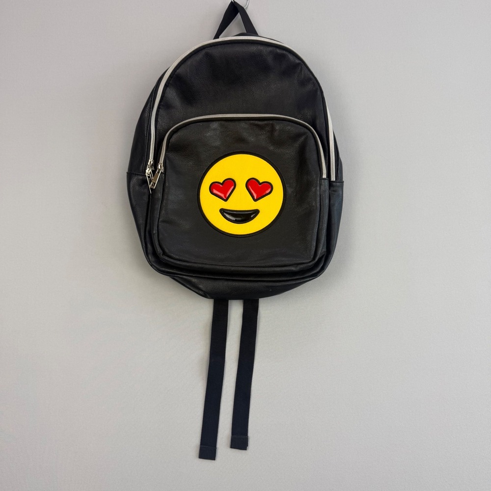 Olivia Miller Heart Eyes Emoji Faux Leather Backpack 15" Black Shoulder Straps